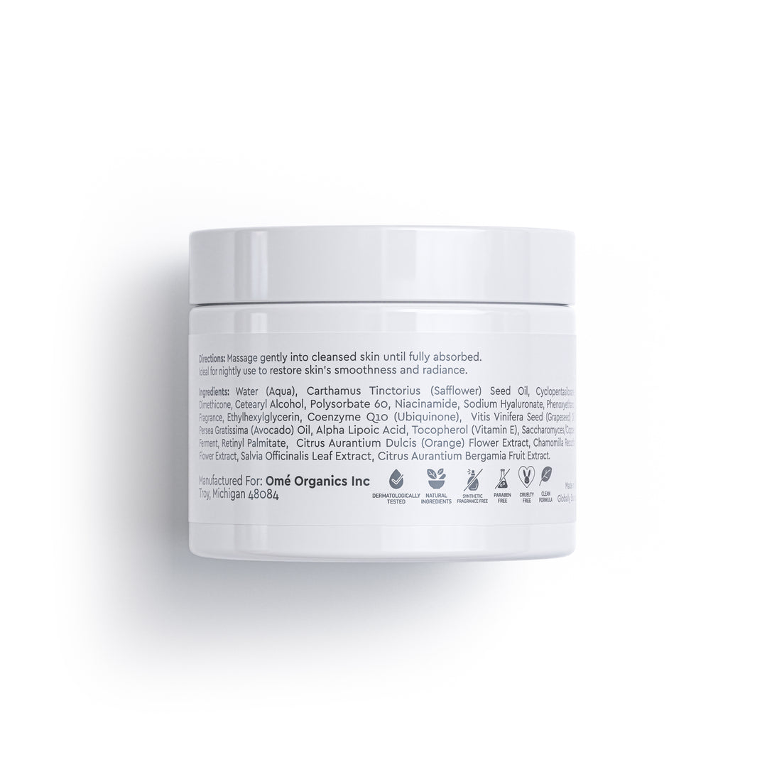 White jar of skincare product with label on a white background