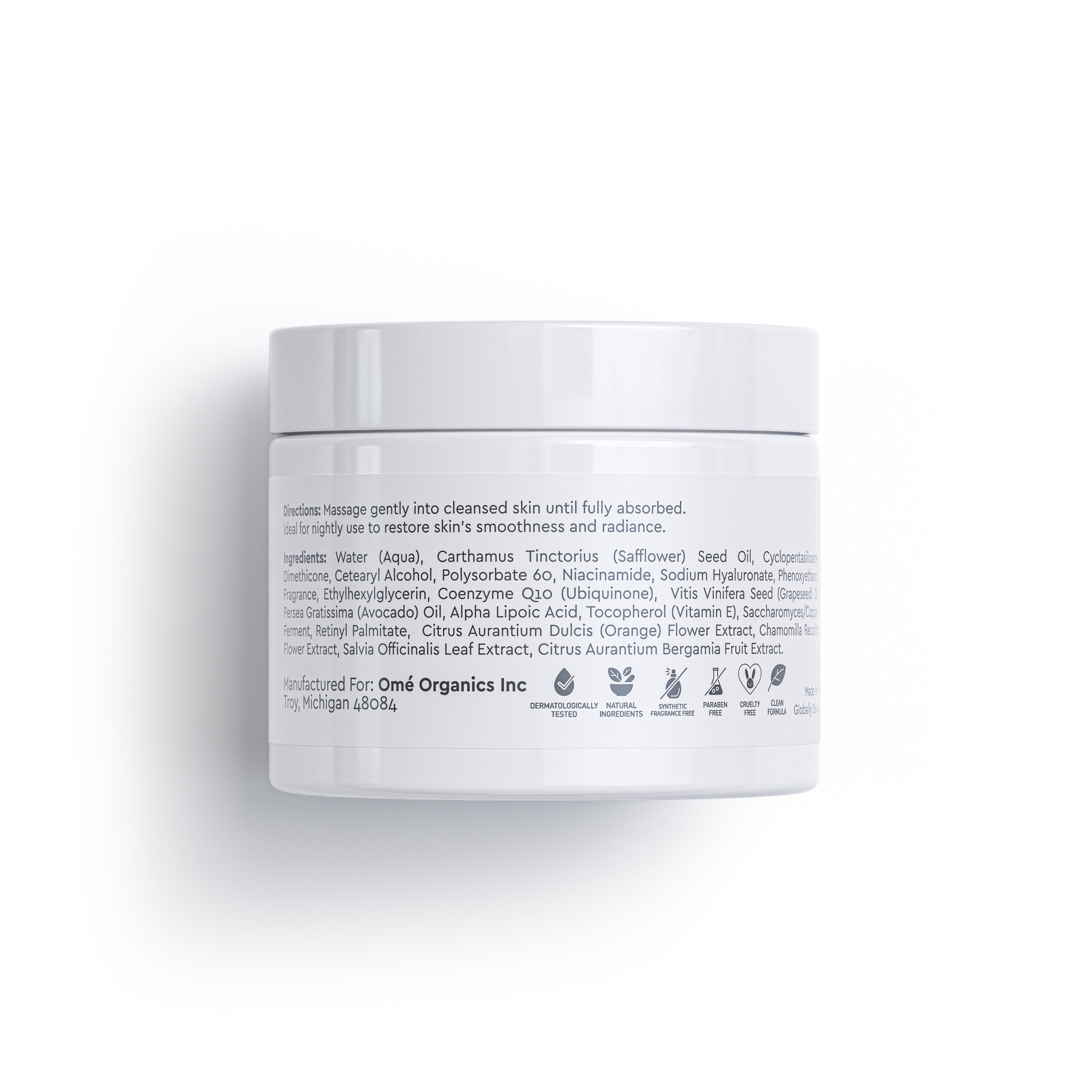 White jar of skincare product with label on a white background
