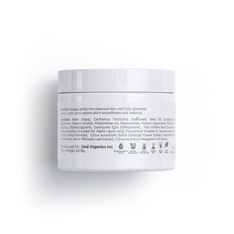 White jar of skincare product with label on a white background