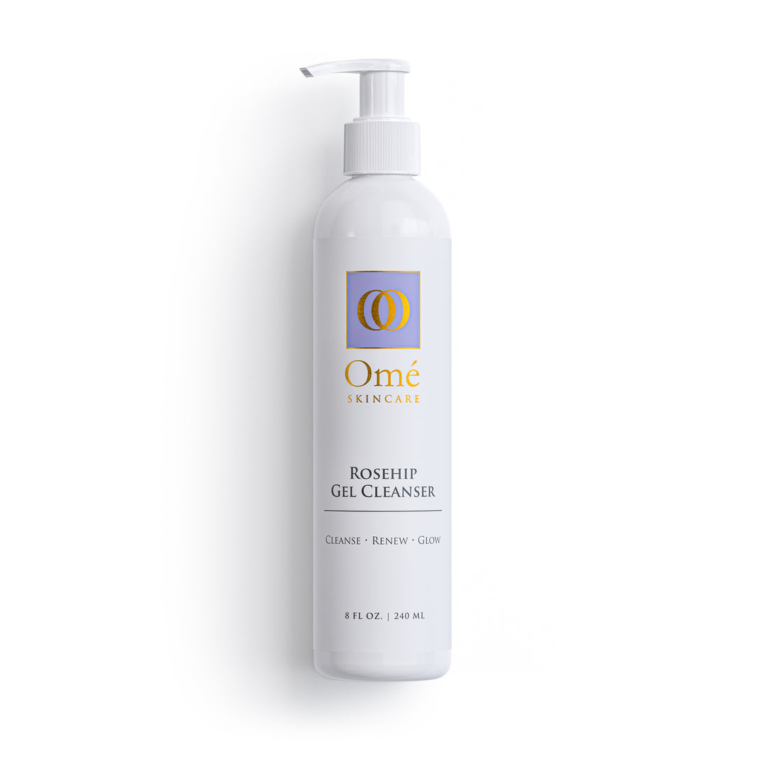 White bottle of Omé Rosehip Gel Cleanser on a white background