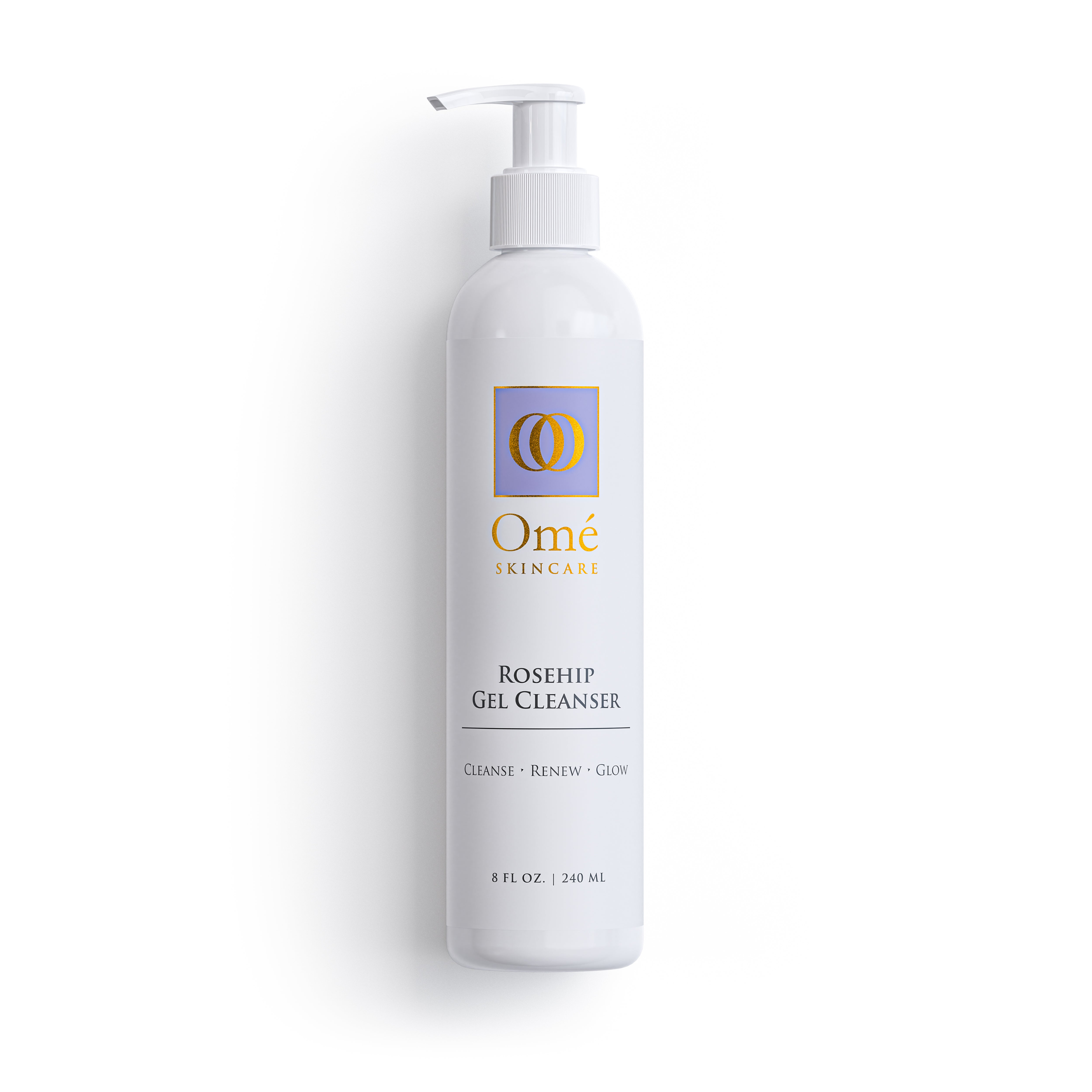 White bottle of Omé Rosehip Gel Cleanser on a white background