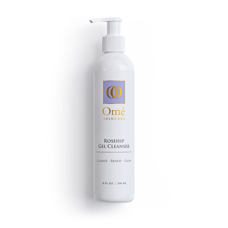 White bottle of Omé Rosehip Gel Cleanser on a white background