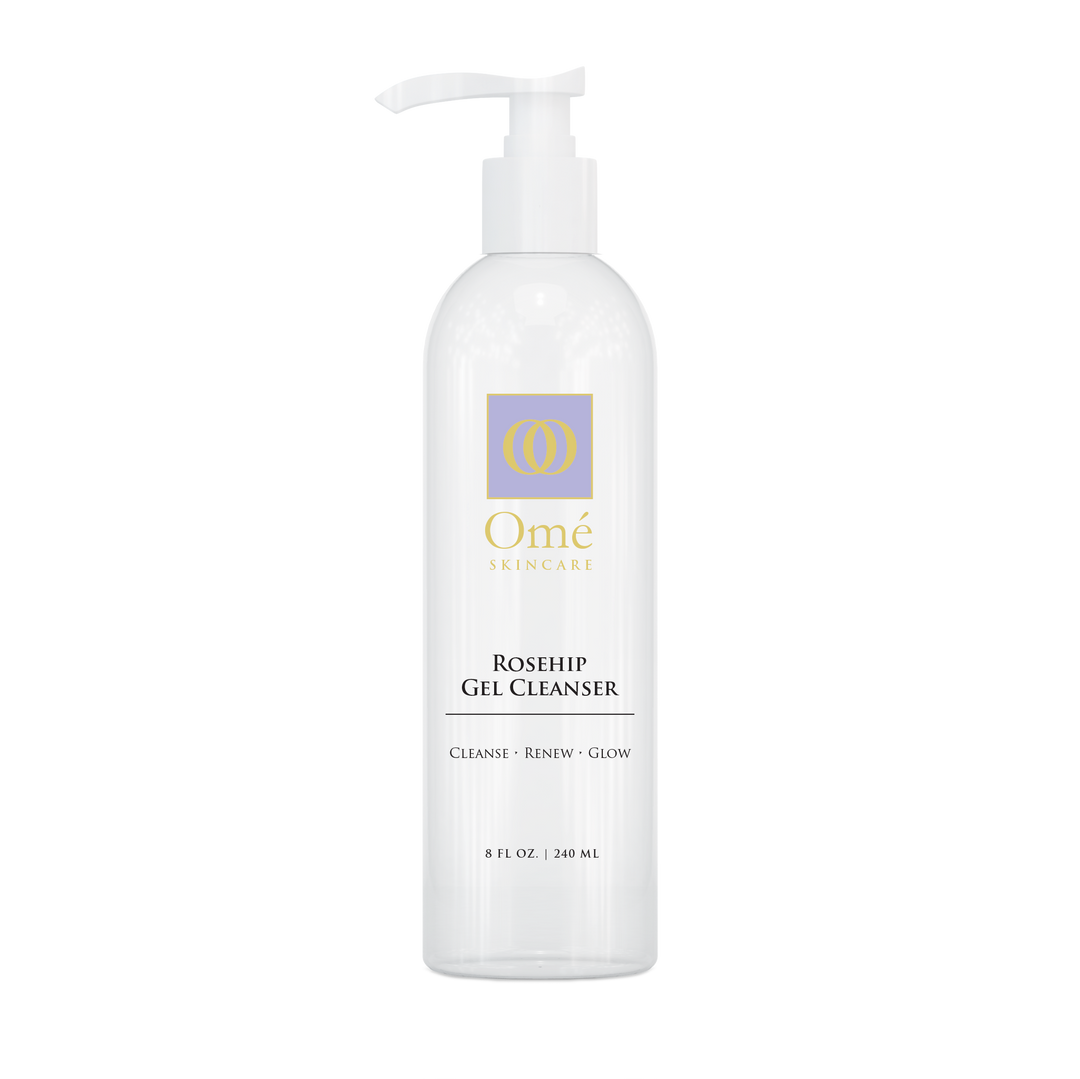 White bottle of Omé Rosehip Gel Cleanser on a white background