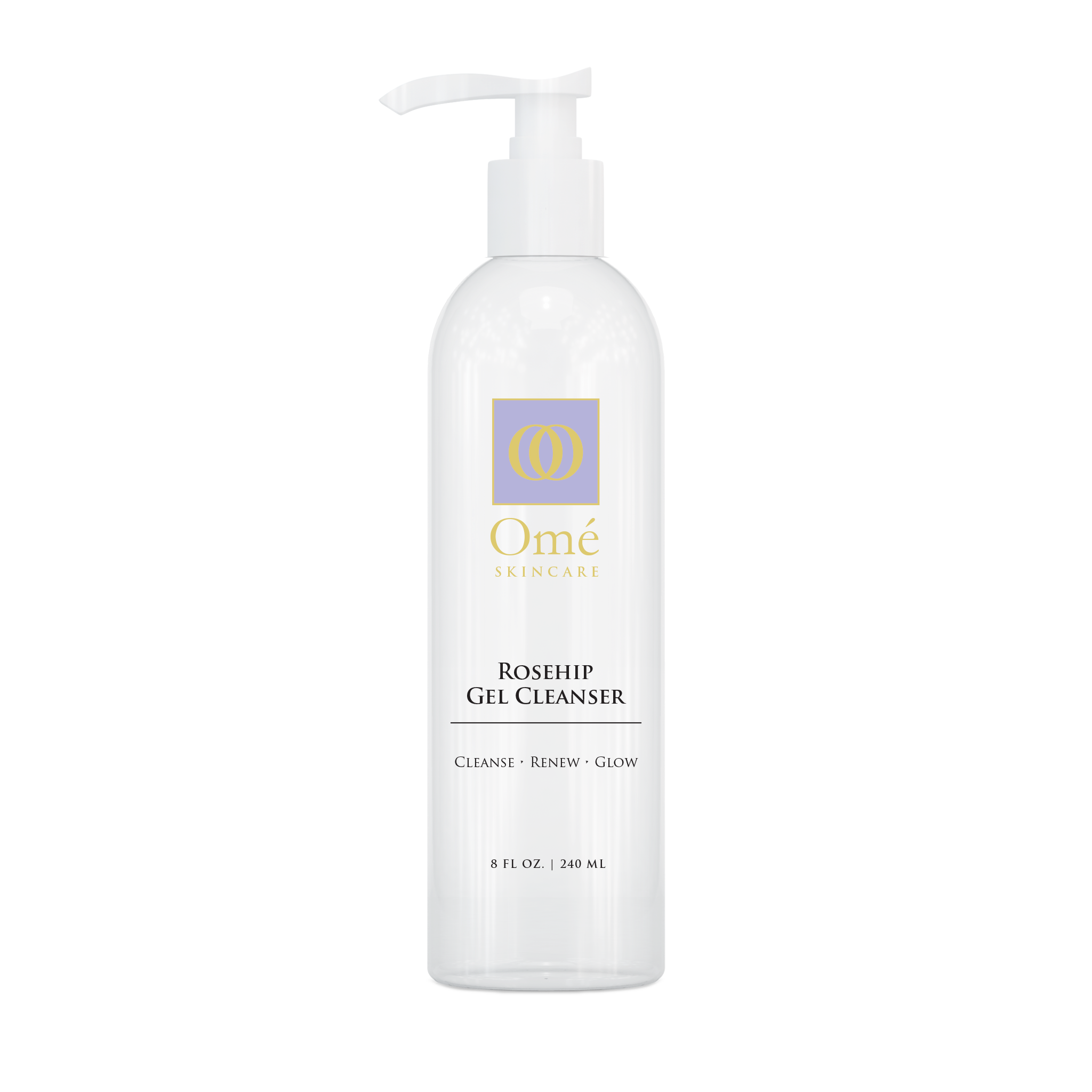 White bottle of Omé Rosehip Gel Cleanser on a white background