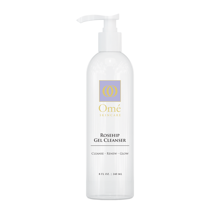 White bottle of Omé Rosehip Gel Cleanser on a white background